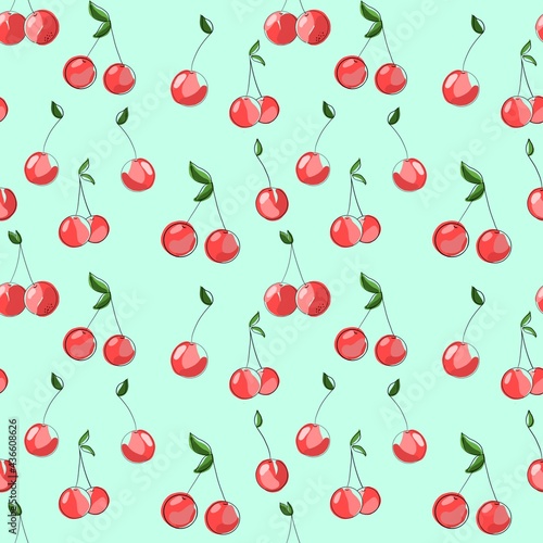 Cherry Berries. Seamless pattern, hand-drawn illustration with curved lines in a trendy style.Design for paper, fabric and other objects. 