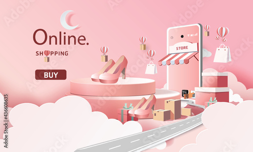 paper art shopping online on smartphone and new buy sale promotion pink backgroud for banner market ecommerce women concept.