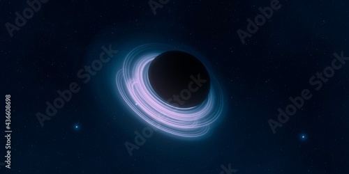 Black hole. Dark night sky. Dark interstellar space. 2d illustration. Cosmos. Powerful stars in a deep space. Blue cold nebula. Galactic center. Matter collapse.