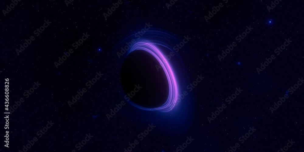 Fototapeta premium Black hole. Dark night sky. Dark interstellar space. 2d illustration. Cosmos. Powerful stars in a deep space. Blue cold nebula. Galactic center. Matter collapse.