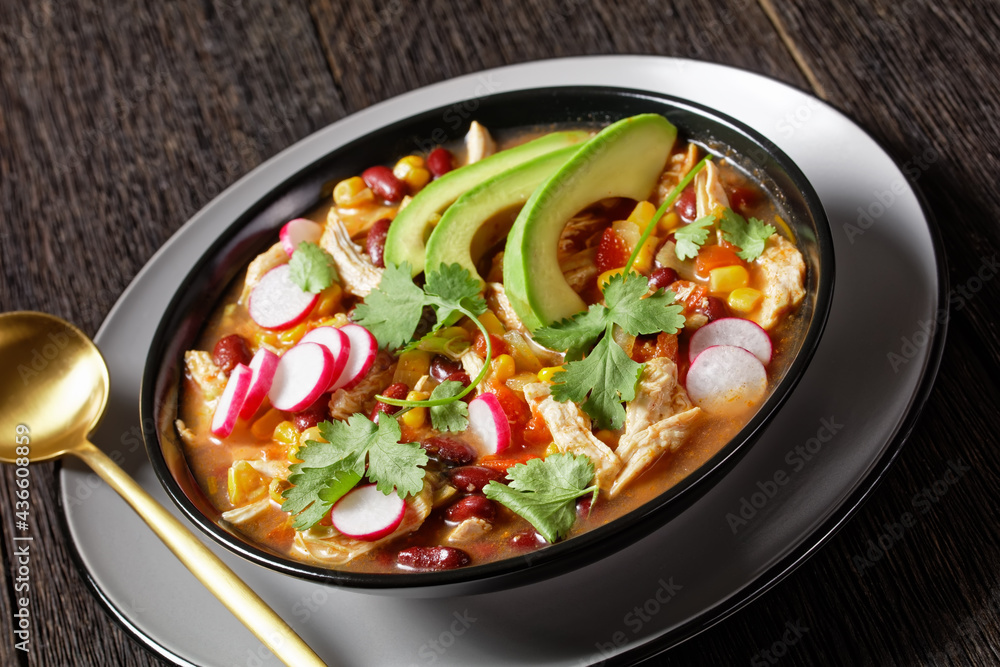 Mexican chicken and tortilla soup on a black plate Mexican chicken and tortilla soup on a black plate