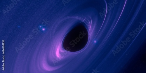 Black hole. Dark night sky. Dark interstellar space. 2d illustration. Cosmos. Powerful stars in a deep space. Blue cold nebula. Galactic center. Matter collapse.