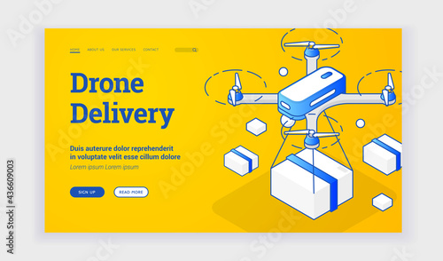 Vector illustration of contemporary drone delivering package near description and link button on advertisement banner for modern logistic service. Isometric web banner, landing page template