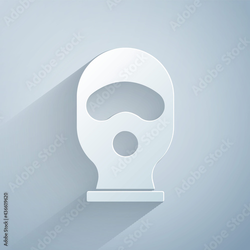 Paper cut Balaclava icon isolated on grey background. A piece of clothing for winter sports or a mask for a criminal or a thief. Paper art style. Vector