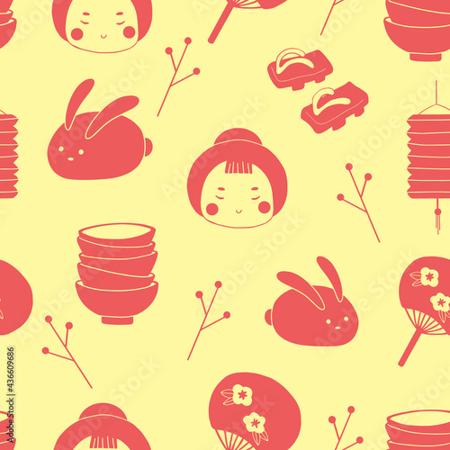 Kawaii Geisha, rabbit, geta shoes, plates, paper chinese lantern seamless pattern. Doodle geisha and asian rabbit seamless background pattern.  Japanese doodle cute print design for paper, fabric.