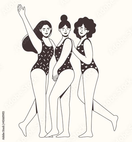 Happy young girls posing in bathing suits. Summer vacation, rest, relaxation and recreation. Sunbathing on the beach, swimming in the sea. Flat vector illustration.