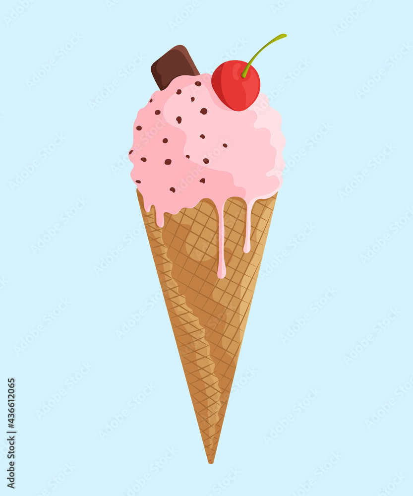 Delicious cherry ice cream with chocolate in waffle cone. Sweet and tasty dessert with fruits. Vector illustration.
