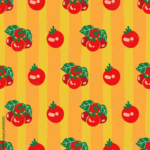 Cherry tomatos vector seamless pattern on orange stripes