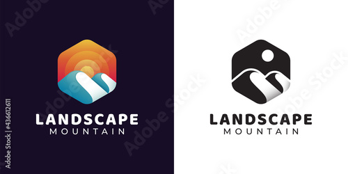 simple hexagon logo on Mountain adventure and sun, landscape hills logo design with black and white versions
