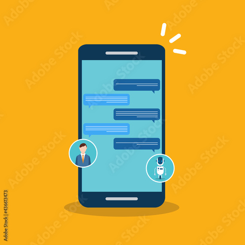 People use chat bot services, smart phone with virtual assistant. Concept of business development, sales increase, help service, customer service robot. Vector illustration