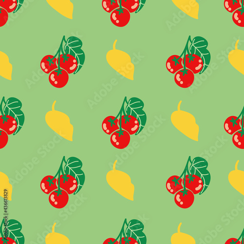 Cherry tomatos repeat pattern on green background