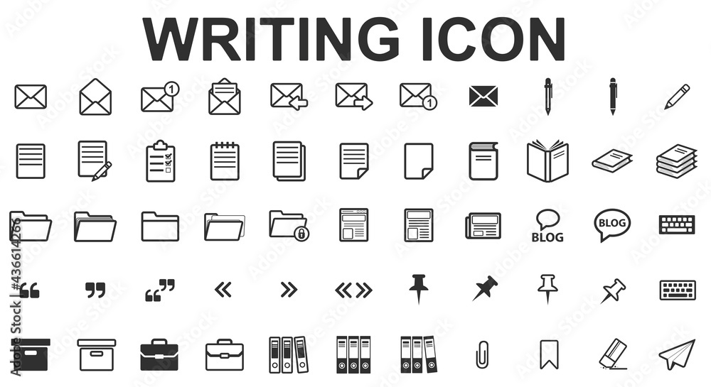 Set of icons and symbols of mail, letters, files, documents, archive, books and blog. Stationery and writing items. Quote mark and bookmark.