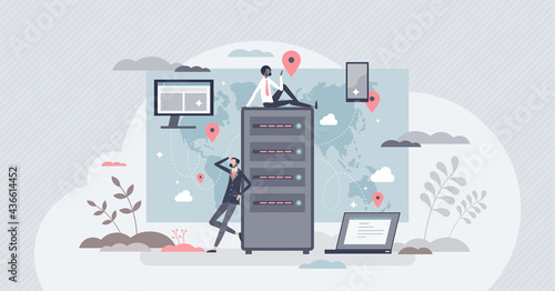 CDN content delivery network as information distribution tiny person concept. Global server connection for website performance vector illustration. Wireless database optimization for fast browsing.