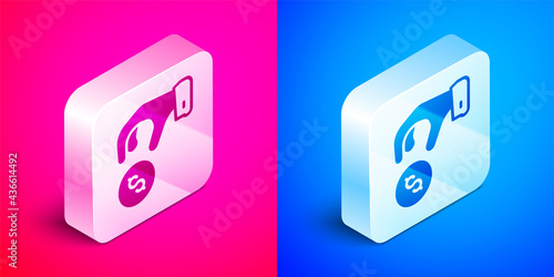 Isometric Donate or pay your zakat as muslim obligatory icon isolated on pink and blue background. Muslim charity or alms in ramadan kareem before eid al-fir. Silver square button. Vector