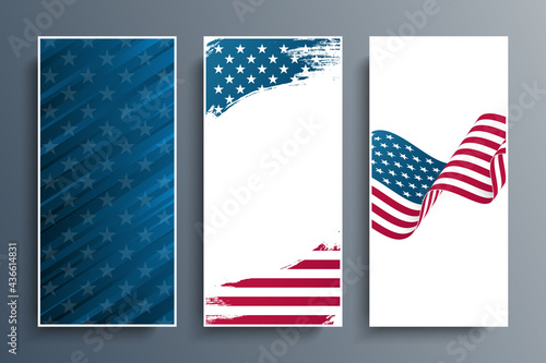 Set of graphic backgrounds for United States national holidays celebration design. Templates collection for greetings cards, posters, celebrate banners and flyers. Vector illustration.