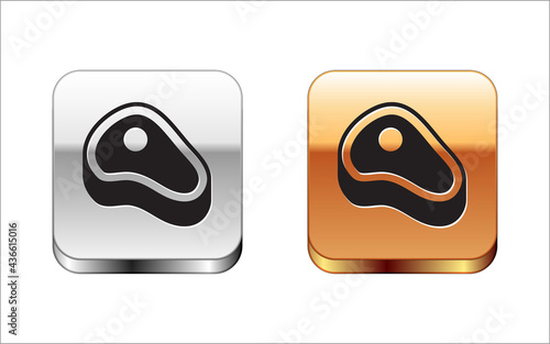 Black Steak meat icon isolated on white background. Silver and gold square buttons. Vector