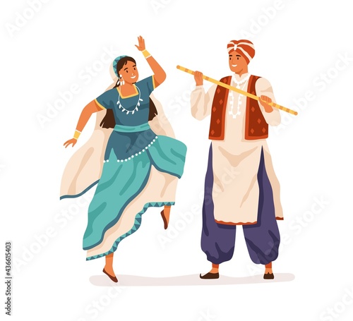 Dancers performing Indian folk dance, Dandiya Raas. Man and woman dancing in traditional costumes of India. Couple in ethnic clothes. Colored flat vector illustration isolated on white background