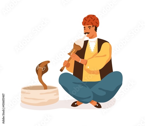Indian street musician playing traditional instrument for snake. Happy man in turban performing folk music with pungi for cobra. Colored flat vector illustration isolated on white background