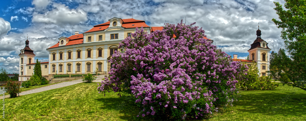 Panorama of baroque palace “Rychnov nad Kneznou” in Czech Republic Europe with lilac flower