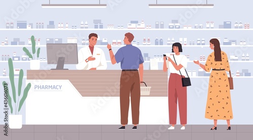 Pharmacist helping customers to choose drugs in pharmacy. People at drugstore's counter, buying medicines and consulting with druggist. Colored flat vector illustration of pharmaceutical service