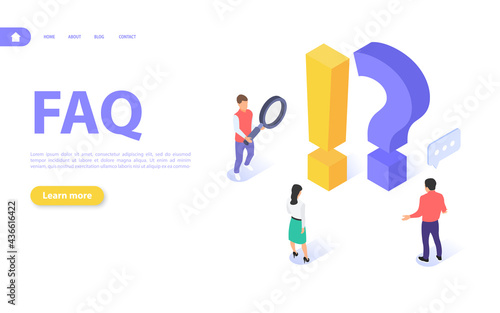 Questions and answers concept. Men and women are looking for answers to frequently asked questions. Online support and successful problem solving.