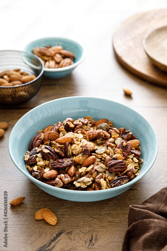 Granola, muesli with nuts for breakfast in a bowl, healthy food, diet. Granola, muesli with nuts for breakfast in a bowl, healthy food, diet.