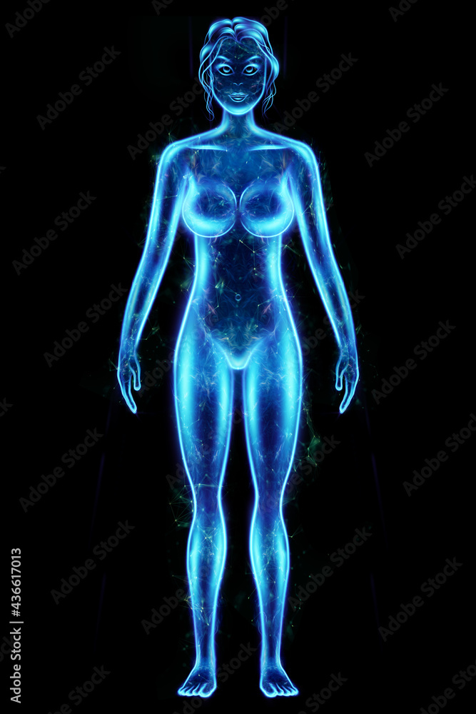 Silhouette, hologram of a female body in blue isolated on a black background. Medical examination, ultrasound, women's consultation, gynecology. 3D illustration, 3D render. Silhouette, hologram of a female body in blue isolated on a black background. Medical examination, ultrasound, women's consultation, gynecology. 3D illustration, 3D render.