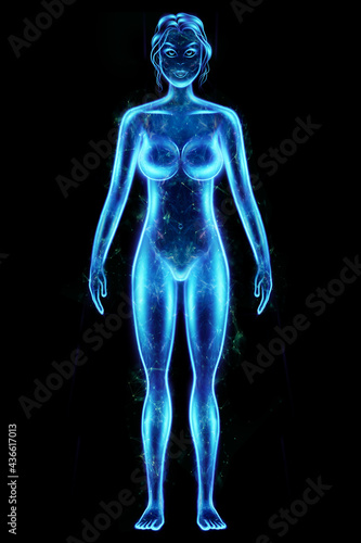 Silhouette, hologram of a female body in blue isolated on a black background. Medical examination, ultrasound, women's consultation, gynecology. 3D illustration, 3D render.