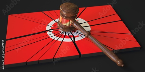 Judge's gavel and broken block with flag of Tunisia. Conceptual 3d rendering