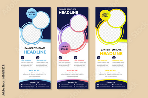 Colorful circle Business Roll Up Banner design template. Abstract Geometric vertical banners. Vector illustration set with space for photo collage. 