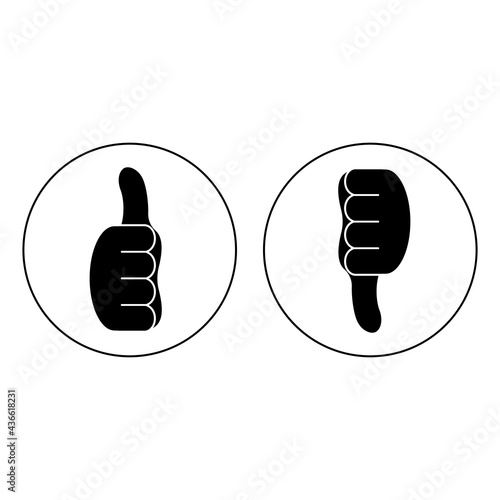 Thumb up and thumb down. Vector round icon. Front view. Illustration and drawing.