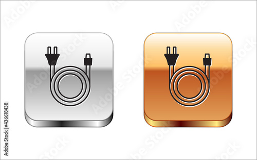 Black Electric plug icon isolated on white background. Concept of connection and disconnection of the electricity. Silver and gold square buttons. Vector