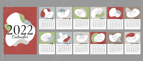 Abstract calendar for 2022 in vertical A4 format. Calendar for 2022 by months with a cover, with trending color spots and line plants. Week starts on Monday. © HAPPINESSINCREATION