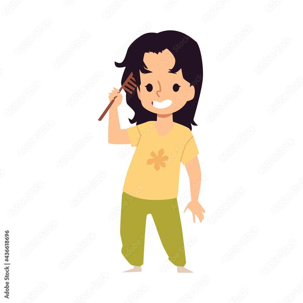 Child girl cartoon character brushing hair, flat vector illustration isolated. Child girl cartoon character brushing hair, flat vector illustration isolated.