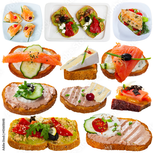 Assorted appetizing sandwiches and toasted bread with fish, pate, vegetables on white background