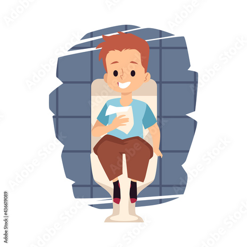 Child boy sitting on the toilet in lavatory flat vector illustration isolated.