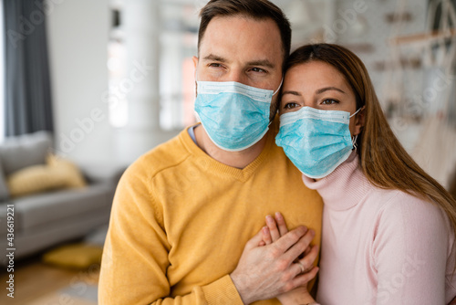 Couple home isolation auto quarantine wearing face mask protective for spreading of disease virus