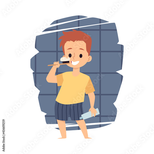 Cute boy brushing his teeth with toothpaste flat vector illustration isolated.