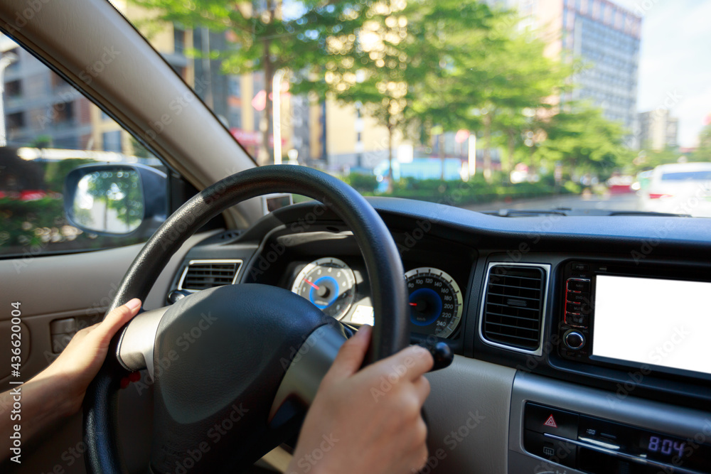 Driving car on city street