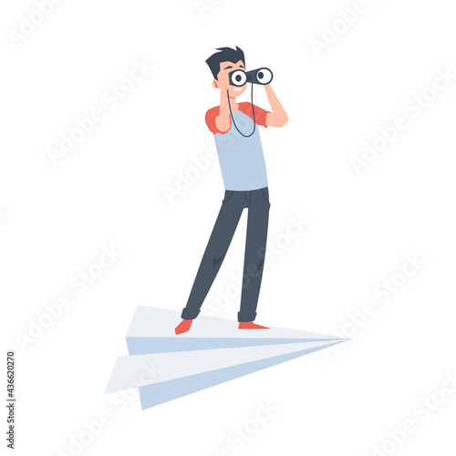 Man on plane looking through binoculars, flat vector illustration isolated.
