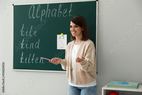 Fotografie, Obraz Happy female English teacher giving lesson indoors