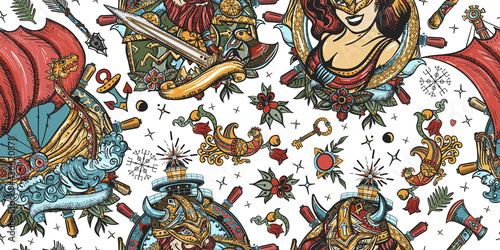 Vikings. Valhalla art. Northern history. Seamless pattern. Traditional tattooing style. Scandinavian culture. Medieval barbarian, long boat, woman warrior