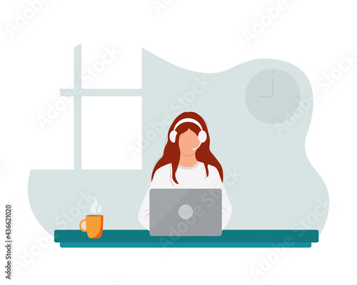 Woman is working  at the desktop with a laptop and headphones with microphone. Concept illustration for support, assistance, call center. Vector illustration in cartoon style