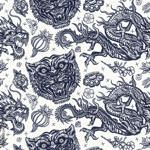 Dragons and tigers. Japan yakuza art style. Old school tattoo. Asian wild cats heads. Traditional tattooing background. Japanese seamless pattern
