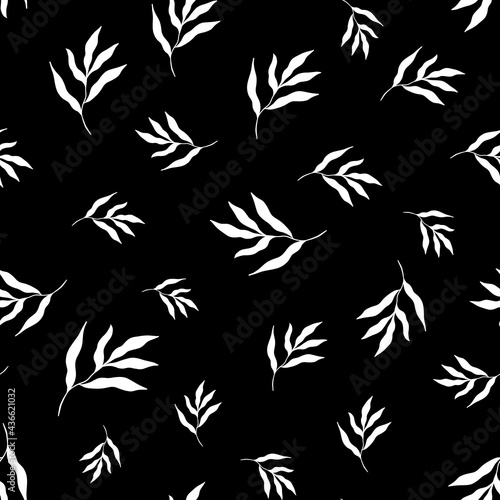 Black and white leaf pattern. Seamless pattern of white leaves on a black background. Floral digital paper in a minimalistic Scandinavian style