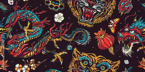 Tigers and dragons. Traditional tattooing background. Japanese seamless pattern. Old school tattoo. Japan yakuza art style. Asian wild cats heads