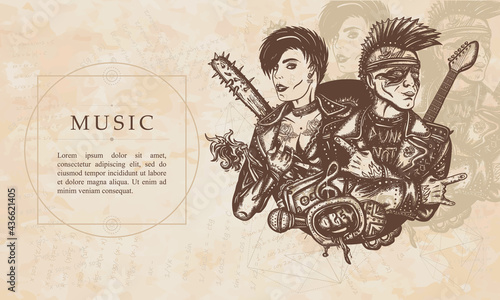 Music. Punks. Punker with mohawk hairstyle, guitarist. Renaissance background. Medieval manuscript, engraving art