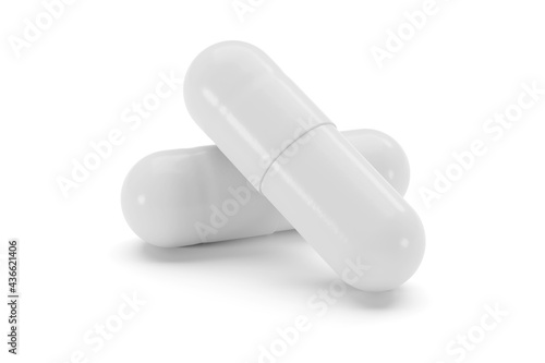 White capsule pills isolated on white background. 3d rendering. photo