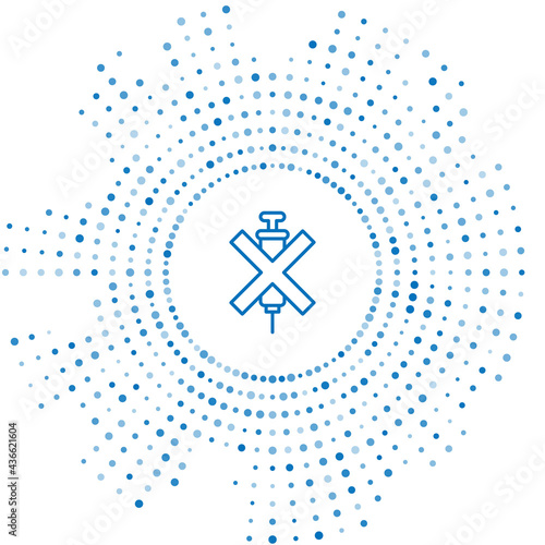 Blue line No doping syringe icon isolated on white background. Abstract circle random dots. Vector
