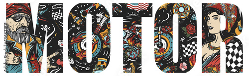 Motor slogan. Tattoo style. Vector graphics. Bearded biker man, burning motorcycle, rider sport woman. Bikers lifestyle. Typography art. Pin up girl, spark plug, moto bike. Double exposure lettering